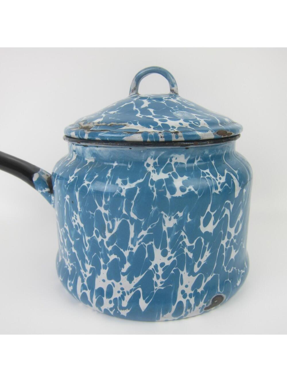 Antique Graniteware Enamelware Pot Blue & White Swirl with Lid Preserving Kettle - Picture 5 of 10